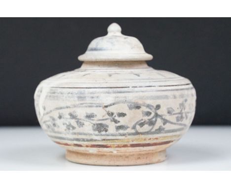 Asian hand painted blue and white ceramic lidded jar. 10cm tall. 