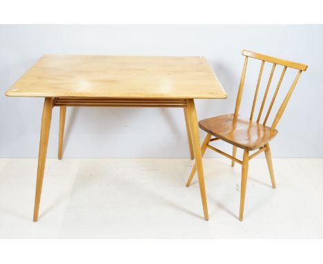 Mid century Ercol model 393 beech and elm rectangular table and six Ercol model 391 stick back chairs, the table 72cm high x 