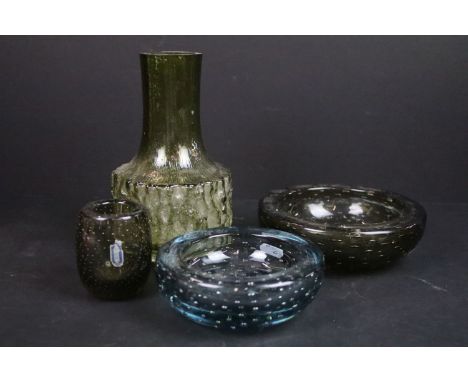 Vintage Whitefriars smoky controlled bubble glass bowls and small vase together with a sage green textured mallet vase. 