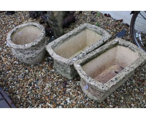 Pair of Willowstone oblong planters each H 27cm x W 63cm x D 36cm with a Willowstone reconstituted stone circular planter H 3