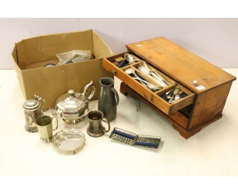 Pine chest of small proportions with two long drawers, containing cutlery, H 26cm W 50cm x D 27cm together with a collection 
