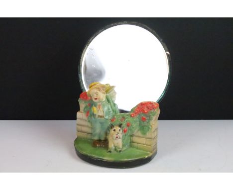 Antique ceramic boy and dog by a wall scene with mirror stand background, H 27cm