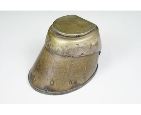 Antique horse hoof inkwell with brass top engraved 'Tommy 1875' 
