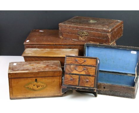 Selection of boxes to include oak box H 17cm x W 46cm x D 25,5cm miniature wooden cradle on stand, miniature marquetry appren