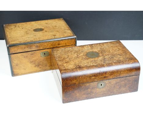 Walnut brass inlay box with velvet frame lining and letter compartment together with walnut writers slope with inkwell. 