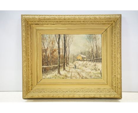 Continental school, figure carrying firewood in a snowy landscape, oil on canvas, initialled indistinctly lower left H R? and