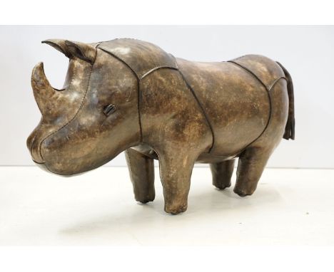 Vintage hand crafted leather rhino by Omersa, H 37cm, W 64cm, D 23cm