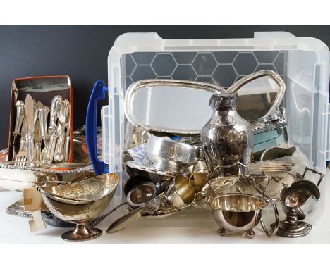 Large selection of silver plated items, ornate footed terrine, serving dish, cutlery and knives, pitcher, toast rack, trays, 