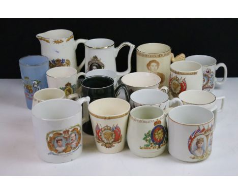 Large assortment of commemorative Royal mugs to include Royal Minton, Holkham Pottery, J &amp; G Meakin, Shelley, Royal Doult