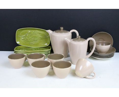 Mid century Poole Pottery two tone coffee set comprising two coffee pots, six coffee cups and six saucers and a sugar bowl to
