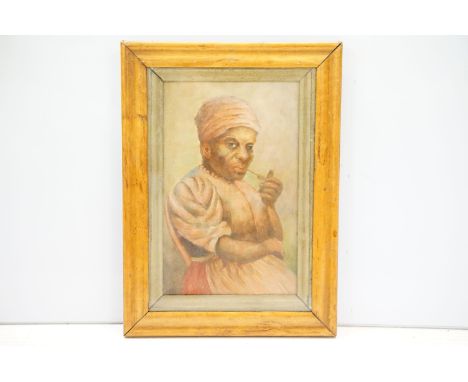 Afro-American woman cotton picker smoking a pipe, oil, maple framed, 29.5 x 18cm