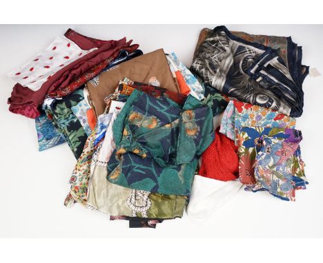 Selection of assorted vintage scarves and handkerchiefs to include Liberty silk peacock pattern and classic Liberty Art Nouve