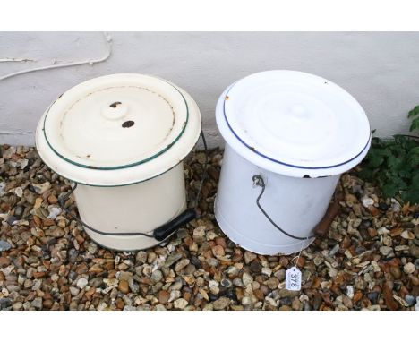 Two vintage enamel buckets with lids, one white and the other cream, both with swing handles, tallest 30cms