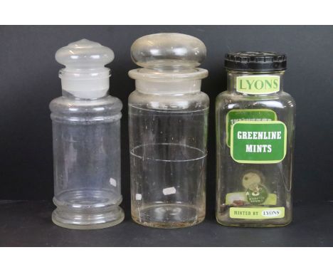 Trio of vintage sweet candy counter apothecary display jars with lids to include Greenline Mints advertising jar 