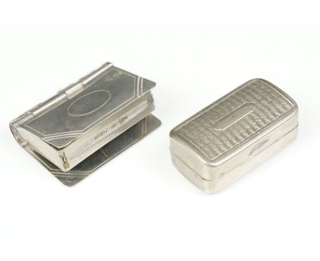 Early 20th century combination vesta case and stamp holder in the form of a book together with a white metal snuff box with e