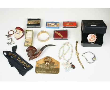 A small box of mixed collectables to include costume jewellery, Krug Baumen, Royal Navy cap tally, pipe....etc..