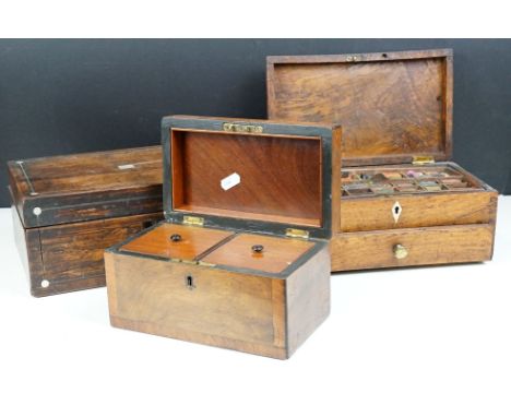 Collection of three wooden boxes to include a tea caddy and an antique paint chest containing original paints and pigments. 