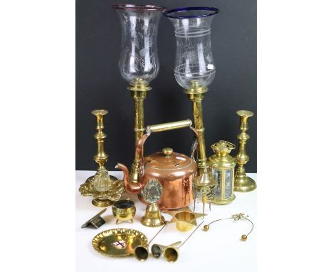 Assortment of brass items to include pair of candle stick lamps with etched glass hurricane glass shades, leaf stand inkwell,