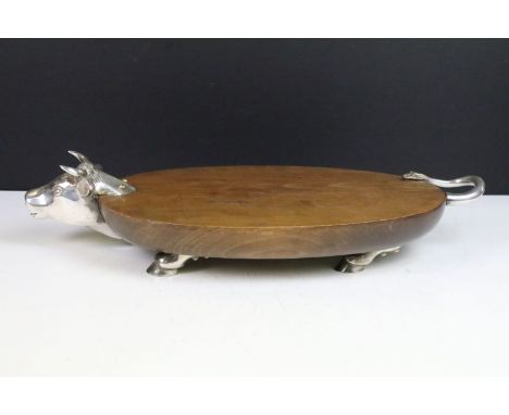 Vintage French hardwood and white metal charcuterie board in the form of a bull, 47cm long