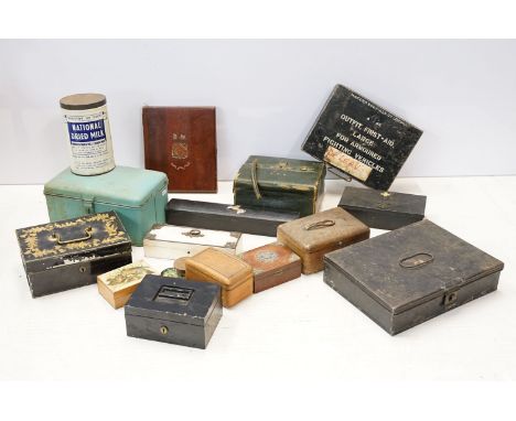 Large selection of vintage and antique boxes to include a Chubb &amp; son cash box, Hagger and Daniels Ltd, London First aid 