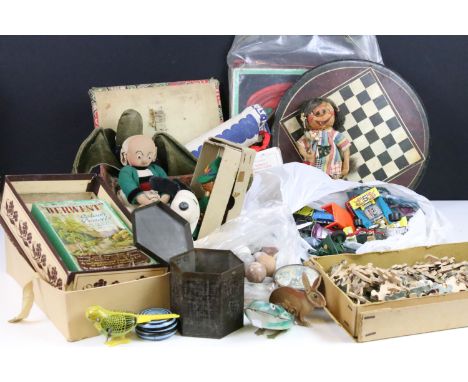 Selection of vintage and antique children's items and games together with 1950's moomin figure by Atelier Fauni, Snoopy, Germ