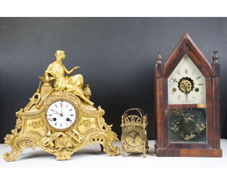 Collection of clocks to include a gothic steeple mantel clock by New haven clocks, a vintage Smiths brass decorative clock H 