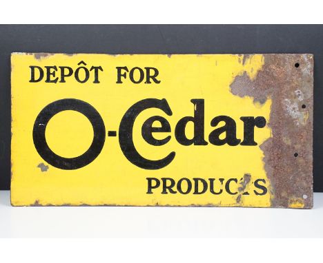 Vintage double sided O-Cedar enamel metal depot advertising sign, yellow and black, H 23cm, W 45cm