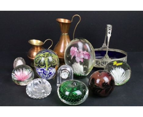 Selection of coloured glass vintage paperweights to include an Edinburgh Crystal new Millenium clock together with miniature 