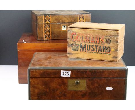 Selection of antique wooden boxes and Colman's Mustard promotional advertising box. One lockable lined box with key, 20cm hig