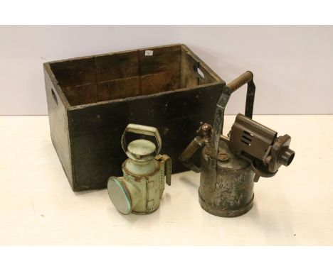 Early vintage large blow torch and a British Rail workers lamp 