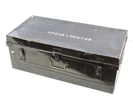 Early 20th century black painted metal trunk, with painted name ' Angus Lockyer ', 33cm high x 90.5cm wide x 44.5cm deep