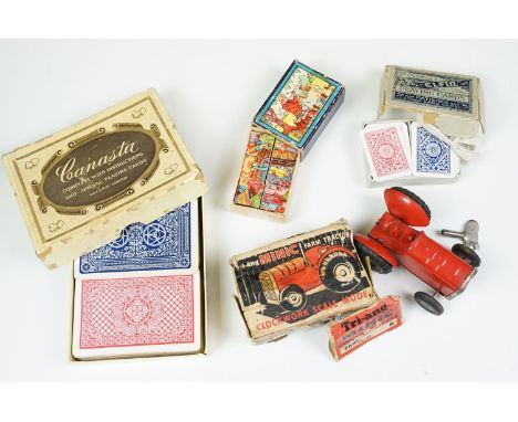 Boxed vintage Tri-ang Minic tractor, together with antique miniature playing cards, picture block puzzle and Canasta cards