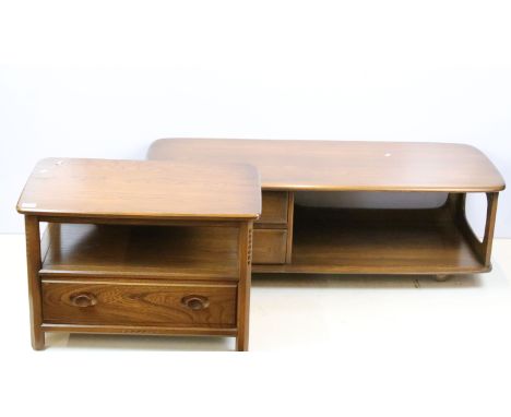 Ercol tv stand with drawer below (with v-shaped flap behind to fir corners), 48cm high x 72.5cm wide x 44.5cm deep (unextende
