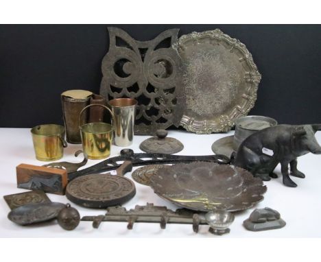 Collection of metal ware to include University of Bangor coat hooks, small brass buckets, 18th century pewter desk inkwell, m