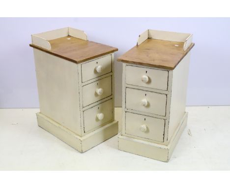 Pair of vintage painted bedside chests of three drawers, 62cm high x 29.5cm wide x 44.5cm deep