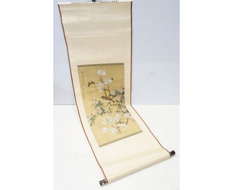 Antique Chinese scroll painting on silk depicting bird and butterflies by magnolias 