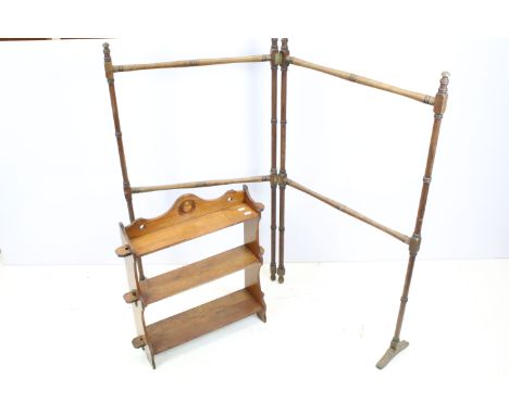 Early 20th century oak three tier hanging shelf, 60cm high x 57cm wide x 11cm deep together with an early 20th century mahoga