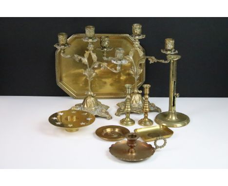 Art Nouveau style brass candle sticks with other candle holders, tray and trinket trays.