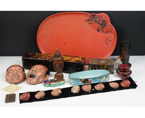 Assortment of oriental items to include a set of eight Japanese wooden miniature character masks and two slightly larger expr