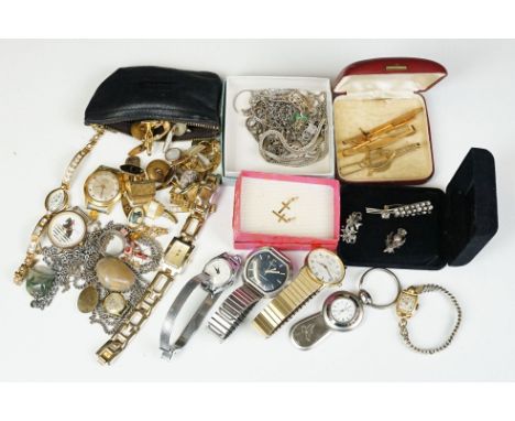A collection of vintage watches and jewellery to include gold earrings and a vintage Hamilton wristwatch. 