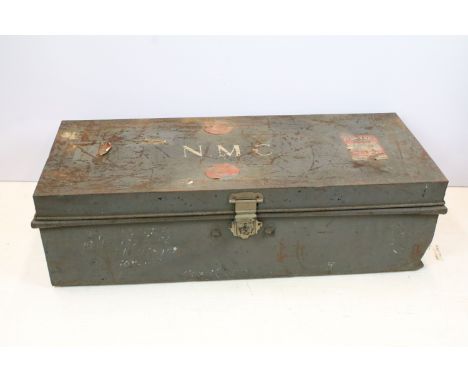 Early 20th century grey painted metal trunk, with Cunard Line luggage labels, 31cm high x 119.5cm wide x 46cm deep