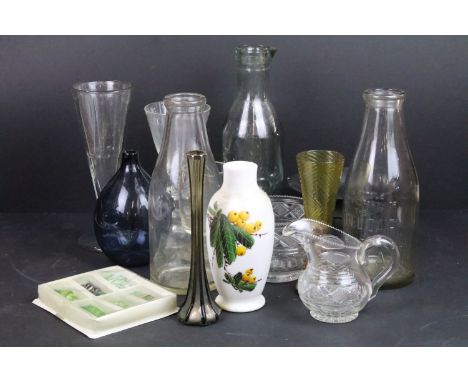 Antique and vintage glass selection to include dairy bottles, black glass bowl, milk glass, glass sweets, pressed glass, milk