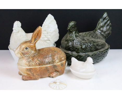 Portmeirion porcelain green nesting hen egg container together with vintage white milk glass hen on nest with accompanying sm