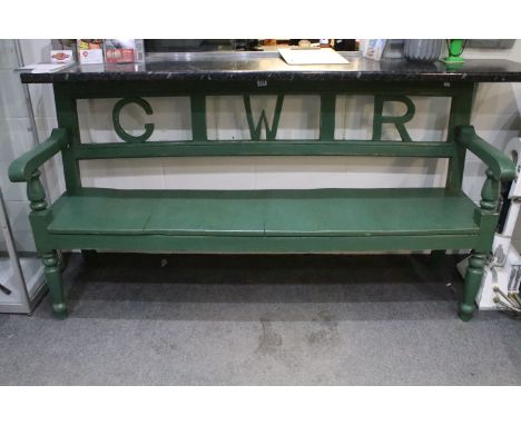 Vintage three seater painted bench with letters GWR to the back, 96.5cm x 181cm wide x 47cm deep