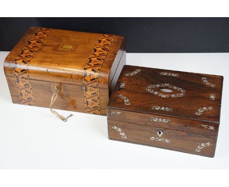 Victorian Rosewood sewing box with MOP inlay detail together with curved vintage Tunbridge box with marquetry inlay 