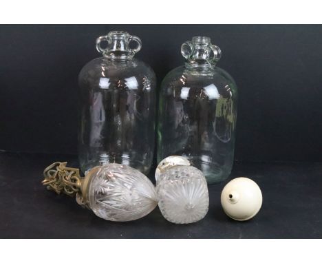 Cut glass hanging lantern with gilt metal mounts and chain, another glass and gilt metal mounted light, a section of an early