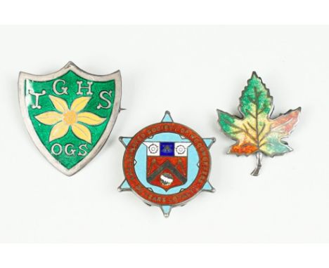 Sterling silver and enamel brooch in the form of a leaf together with two silver and enamel badges, one for Amalgamated Socie