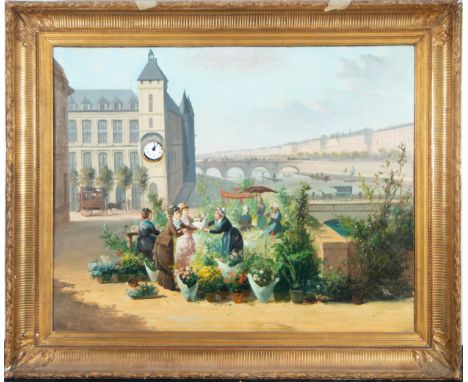Oil on canvas, with a small mechanical clock embedded in a tower, framed measurements: 113 x 94, canvas measurements: 101 x 8