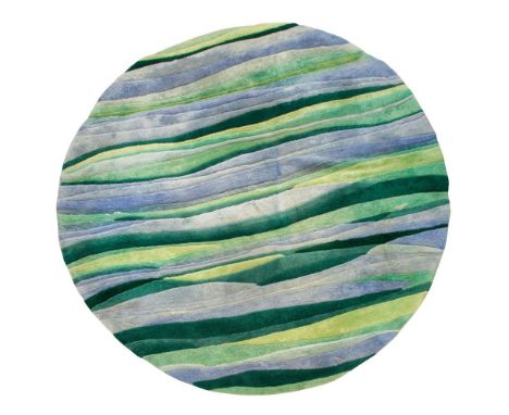 V'Soske Wool Rug  A hand tufted round rug having a wavy stripe pattern in various tones of green and blue, including original