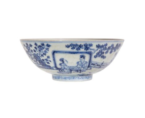 Chinese Blue and White Porcelain Bowl  Having slightly flowing underglaze blue decoration depicting courtly figures in garden
